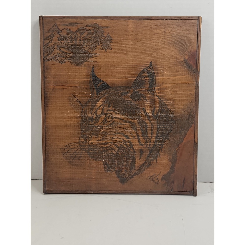Signed Shane Davenport Bobcat Pyrography Wood Plaque Tabletop Cabin Decor